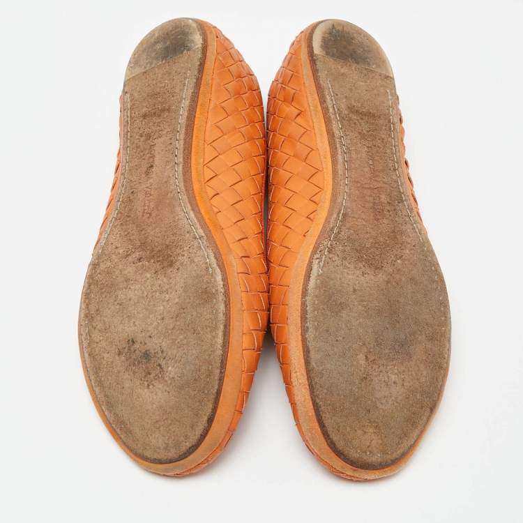 Pre Owned Bottega Veneta Orange Intrecciato Leather Ballet Flats Size 37.5