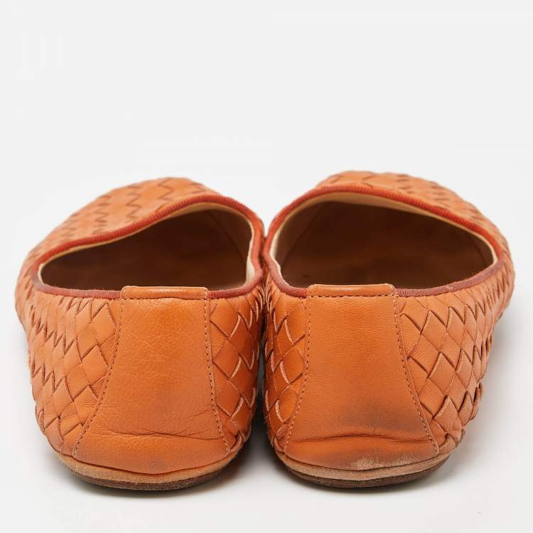 Pre Owned Bottega Veneta Orange Intrecciato Leather Ballet Flats Size 37.5