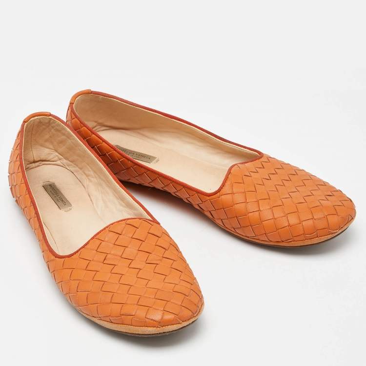 Pre Owned Bottega Veneta Orange Intrecciato Leather Ballet Flats Size 37.5