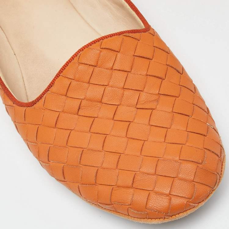 Pre Owned Bottega Veneta Orange Intrecciato Leather Ballet Flats Size 37.5