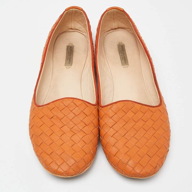 Pre Owned Bottega Veneta Orange Intrecciato Leather Ballet Flats Size 37.5