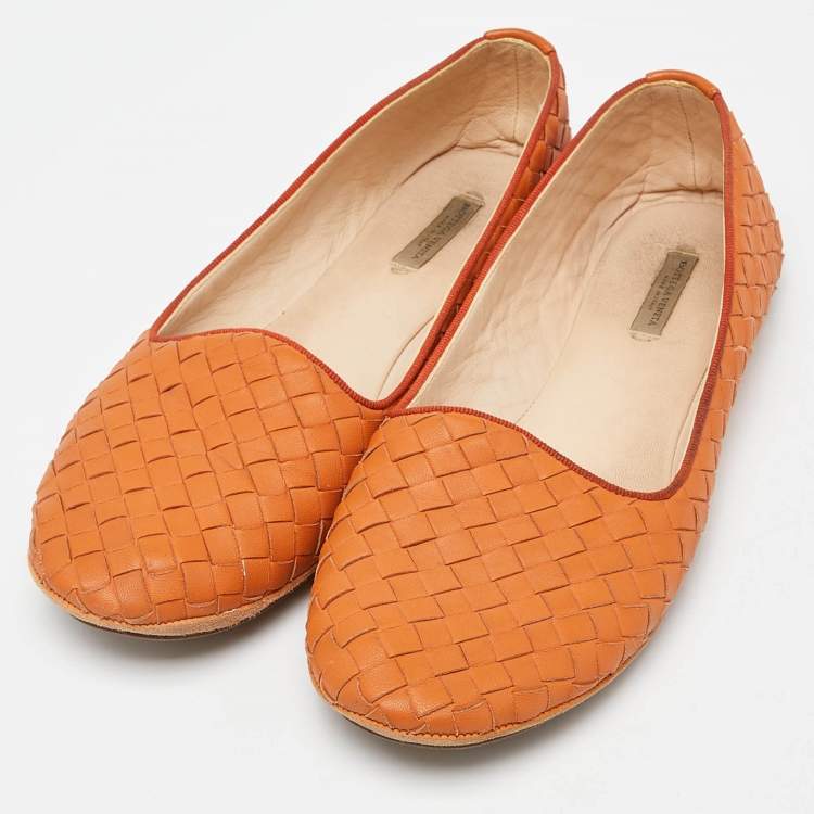 Pre Owned Bottega Veneta Orange Intrecciato Leather Ballet Flats Size 37.5