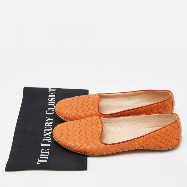 Pre Owned Bottega Veneta Orange Intrecciato Leather Ballet Flats Size 37.5