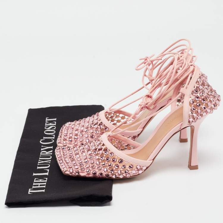 مملوكة مسبقًا Bottega Veneta Pink Leather and Mesh Ankle Tie Sandals Size 38.5