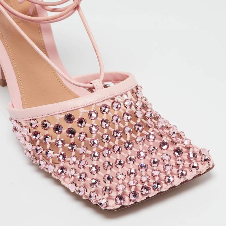مملوكة مسبقًا Bottega Veneta Pink Leather and Mesh Ankle Tie Sandals Size 38.5