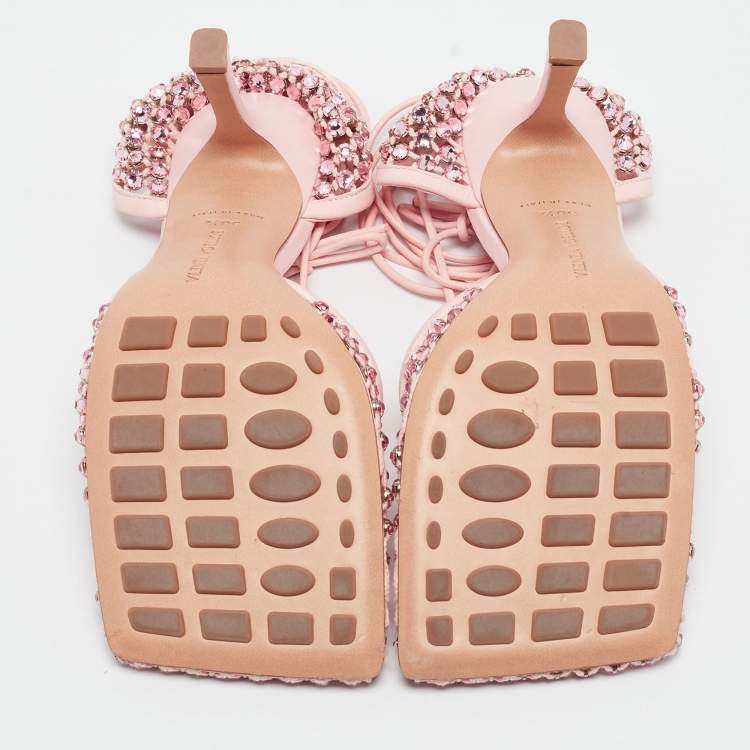 مملوكة مسبقًا Bottega Veneta Pink Leather and Mesh Ankle Tie Sandals Size 38.5