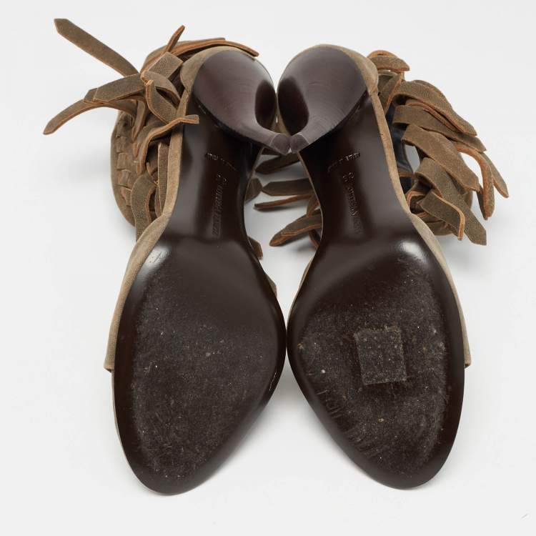 Pre Owned Bottega Veneta Brown Suede Fringe Ankle Strap Sandals Size 39