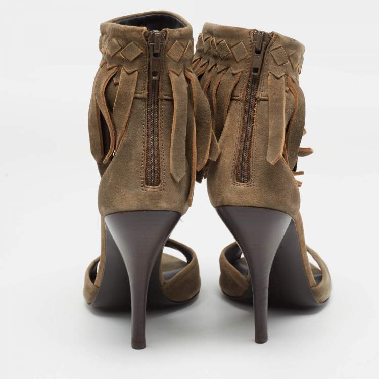 Pre Owned Bottega Veneta Brown Suede Fringe Ankle Strap Sandals Size 39