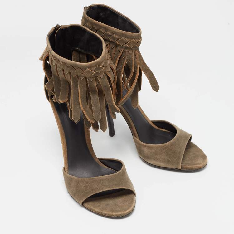Pre Owned Bottega Veneta Brown Suede Fringe Ankle Strap Sandals Size 39