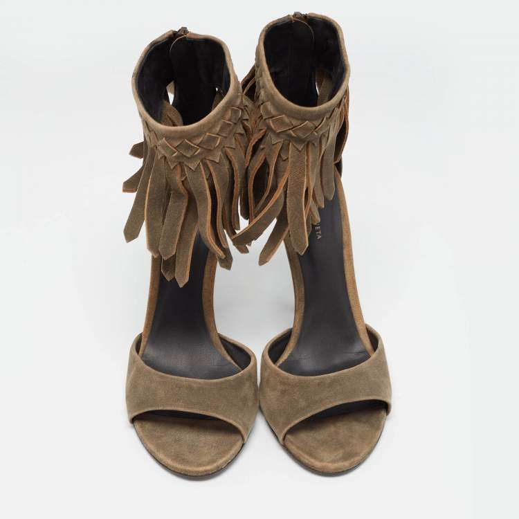 Pre Owned Bottega Veneta Brown Suede Fringe Ankle Strap Sandals Size 39