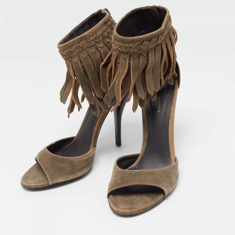Pre Owned Bottega Veneta Brown Suede Fringe Ankle Strap Sandals Size 39