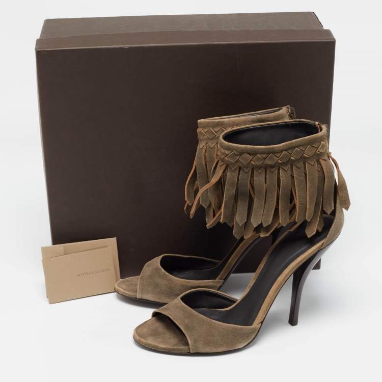 Pre Owned Bottega Veneta Brown Suede Fringe Ankle Strap Sandals Size 39