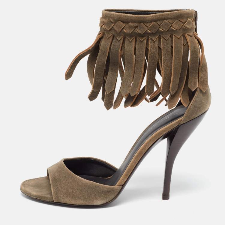 Pre Owned Bottega Veneta Brown Suede Fringe Ankle Strap Sandals Size 39