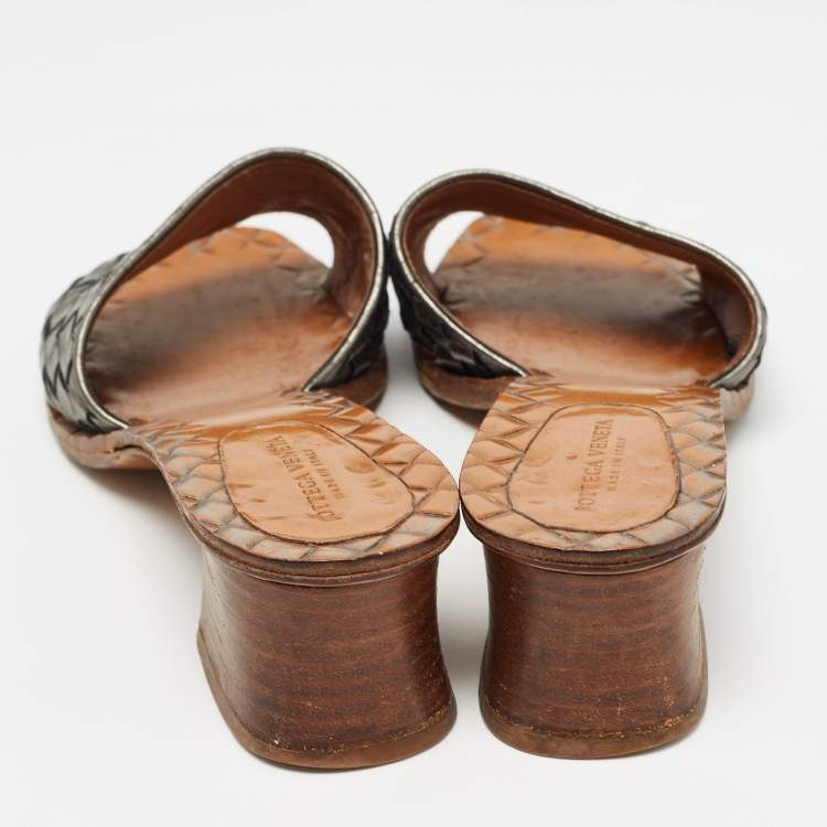 Pre Owned Bottega Veneta Metallic Intrecciato Leather Ravello Slide Sandals Size 36