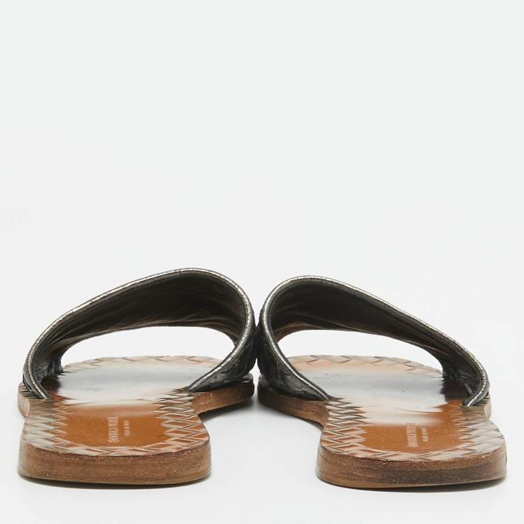Pre Owned Bottega Veneta Metallic Grey Intrecciato Leather Flat Slides Size 35