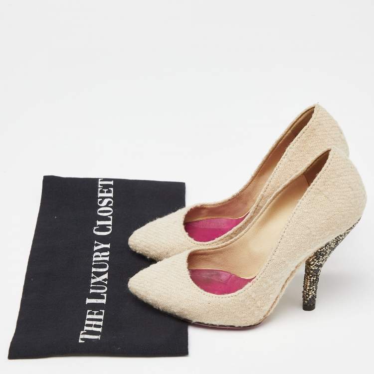 Pre Owned Bottega Veneta Cream Tweed Almond Toe Pumps Size 37