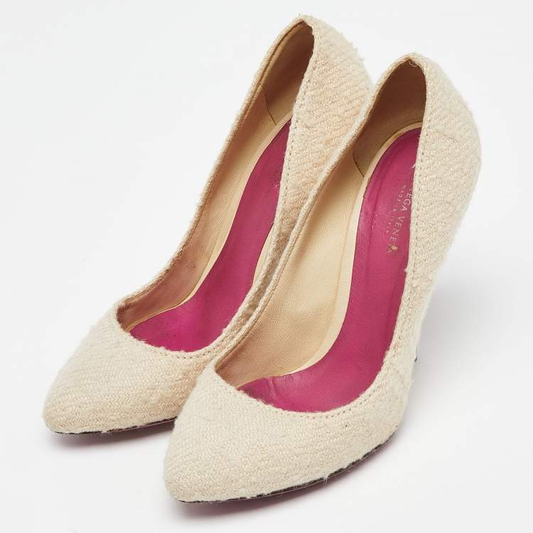 Pre Owned Bottega Veneta Cream Tweed Almond Toe Pumps Size 37