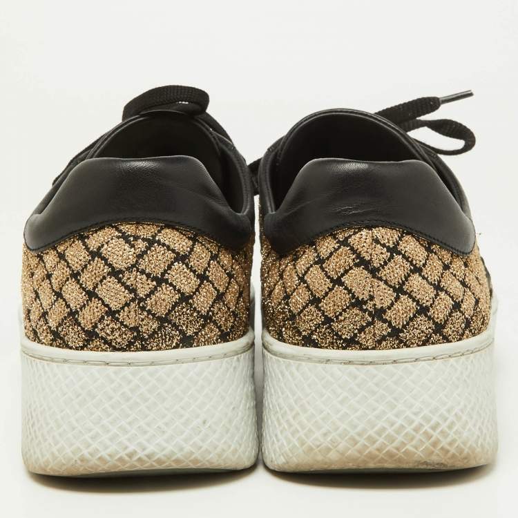 Pre Owned Bottega Veneta Black/Gold Woven Fabric and Leather Low Top Sneakers Size 39.5