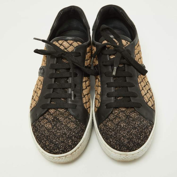 Pre Owned Bottega Veneta Black/Gold Woven Fabric and Leather Low Top Sneakers Size 39.5