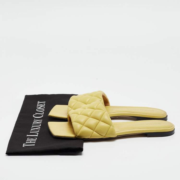 Pre Owned Bottega Veneta Yellow Quilted Leather Flat Slides Size 37