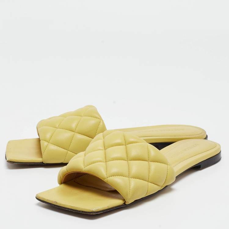 Pre Owned Bottega Veneta Yellow Quilted Leather Flat Slides Size 37
