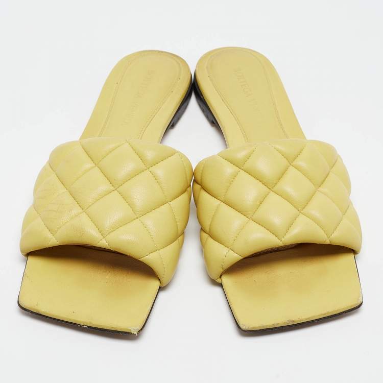 Pre Owned Bottega Veneta Yellow Quilted Leather Flat Slides Size 37