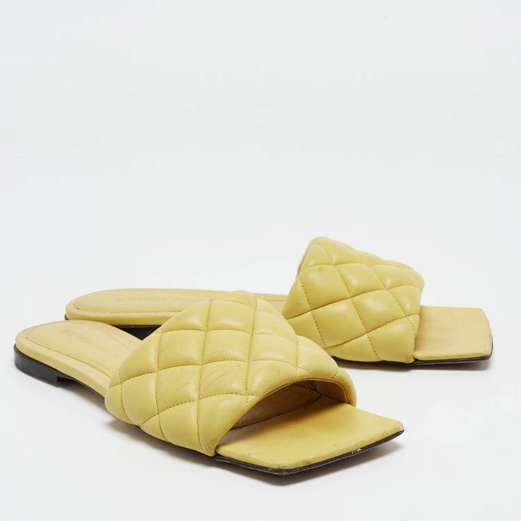 Pre Owned Bottega Veneta Yellow Quilted Leather Flat Slides Size 37
