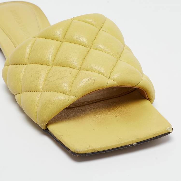 Pre Owned Bottega Veneta Yellow Quilted Leather Flat Slides Size 37