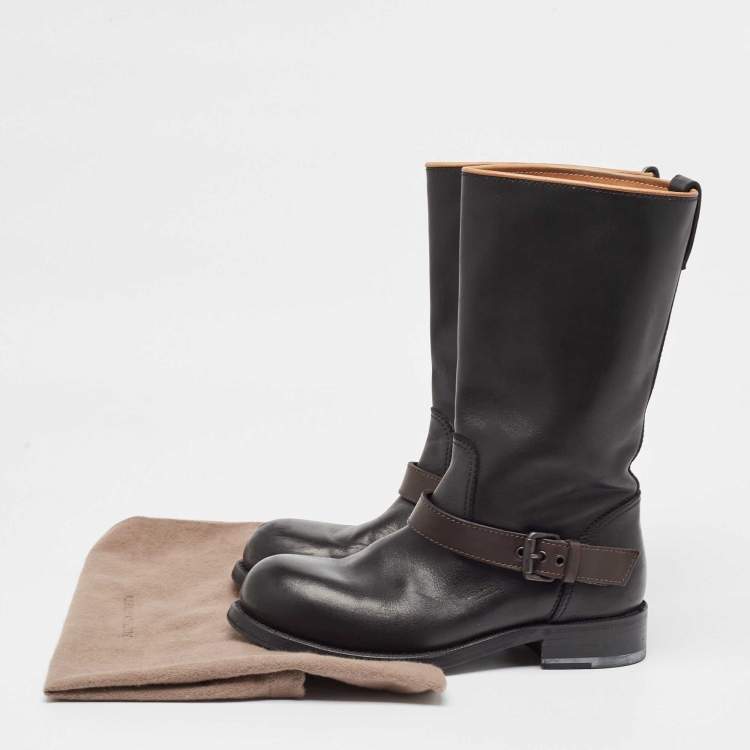 Pre Owned Bottega Veneta Black/Brown Leather Buckle Detail Mid Calf Boots Size 36.5