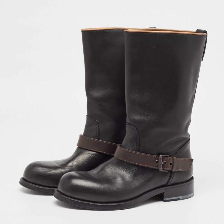 Pre Owned Bottega Veneta Black/Brown Leather Buckle Detail Mid Calf Boots Size 36.5