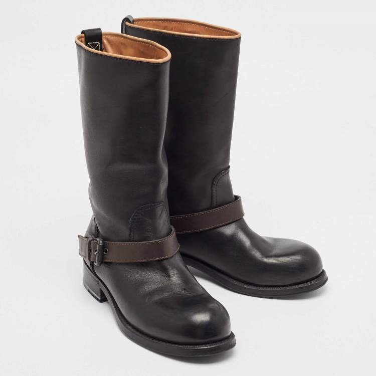 Pre Owned Bottega Veneta Black/Brown Leather Buckle Detail Mid Calf Boots Size 36.5
