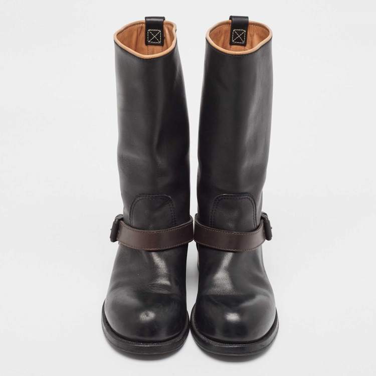 Pre Owned Bottega Veneta Black/Brown Leather Buckle Detail Mid Calf Boots Size 36.5