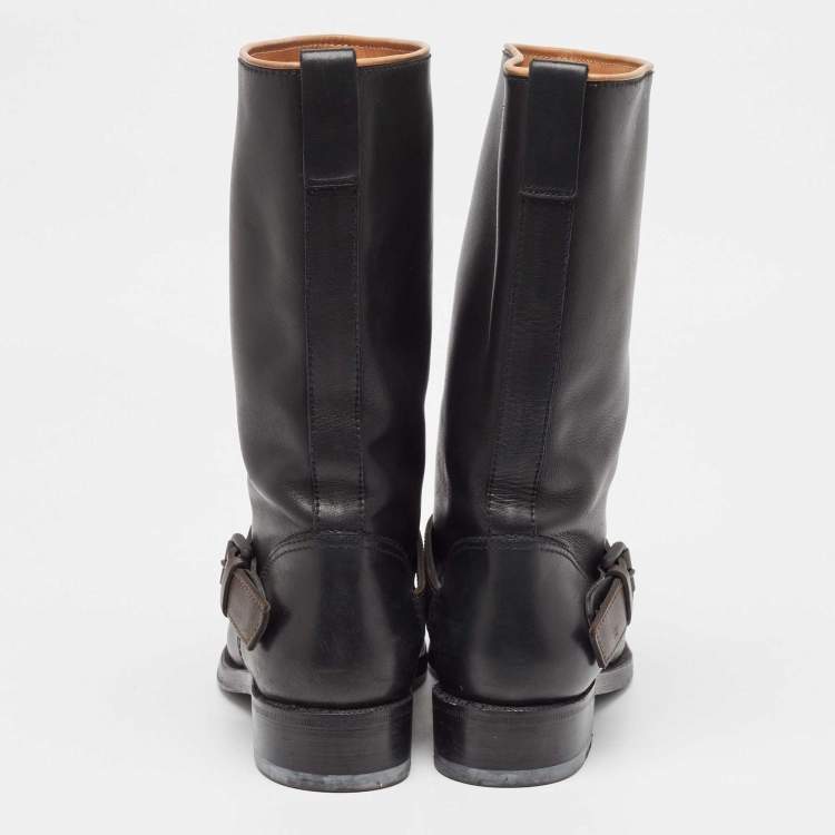 Pre Owned Bottega Veneta Black/Brown Leather Buckle Detail Mid Calf Boots Size 36.5