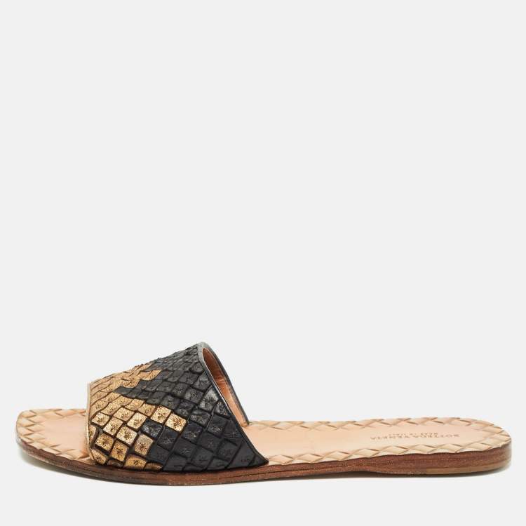 Pre Owned Bottega Veneta Gold/Black Intrecciato Leather Flat Slides Size 38