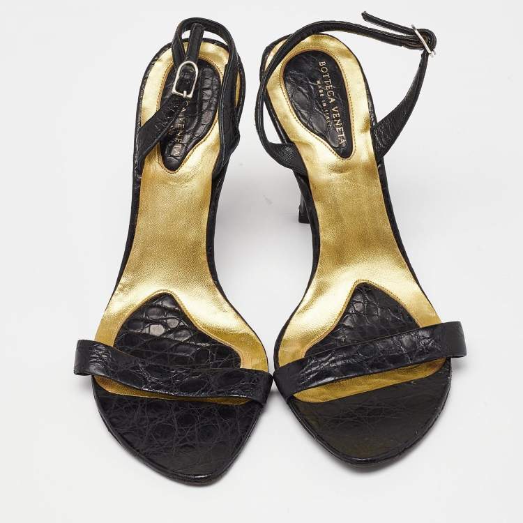 Pre Owned Bottega Veneta Black Croc Embossed Ankle Strap Sandals Size 35