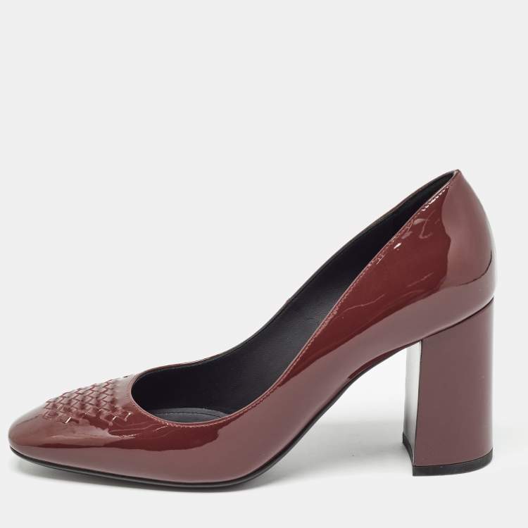 Pre Owned Bottega Veneta Bordeaux Patent Leather Intrecciato Pumps Size 37
