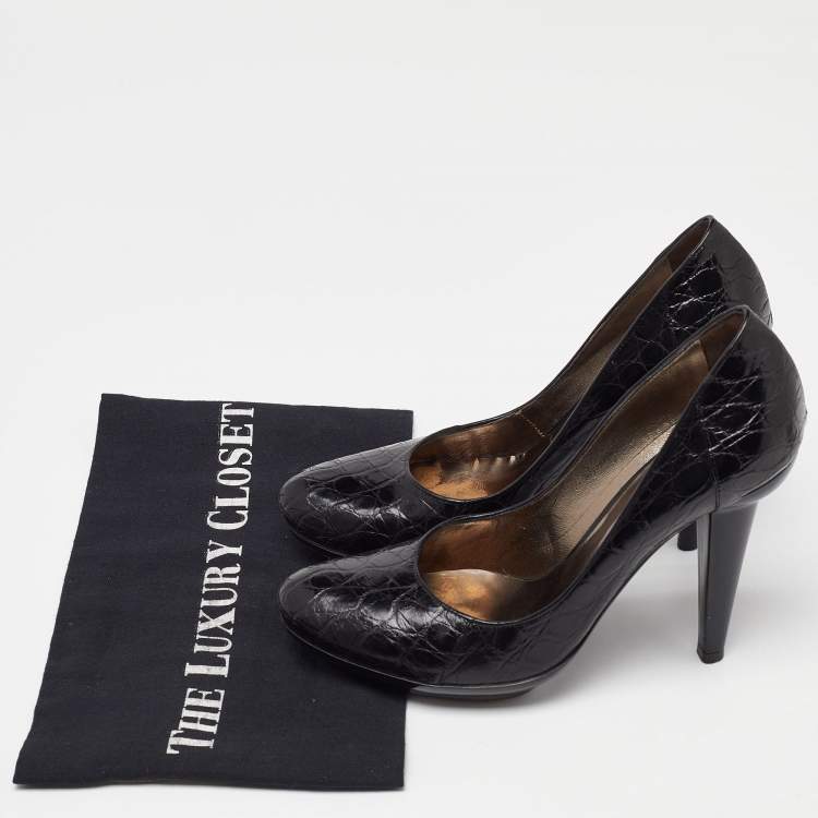 Pre Owned Bottega Veneta Black Croc Leather Round Toe Pumps Size 37