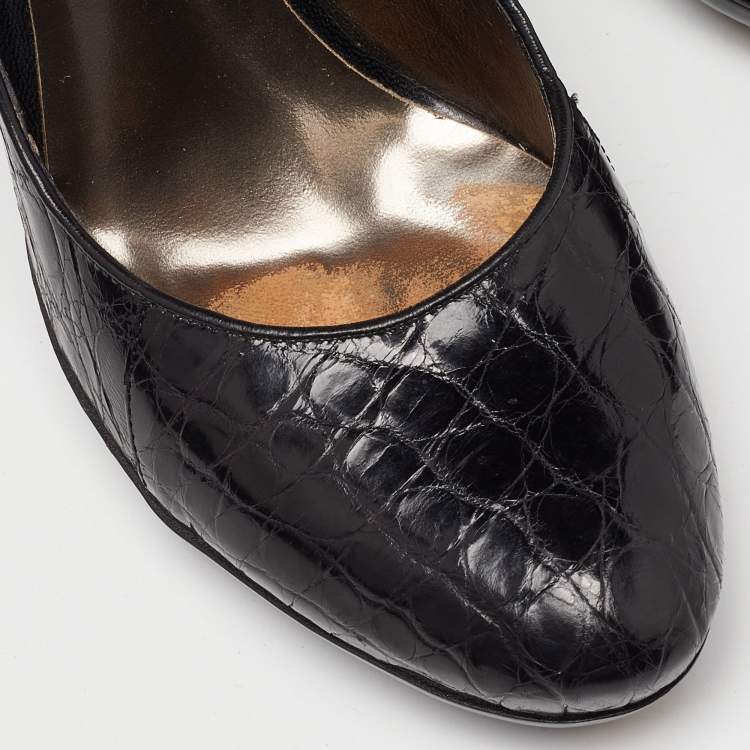 Pre Owned Bottega Veneta Black Croc Leather Round Toe Pumps Size 37