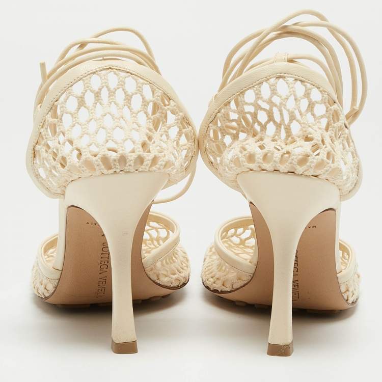 Pre Owned Bottega Veneta Cream Mesh and Leather Ankle Tie Pumps Size 37