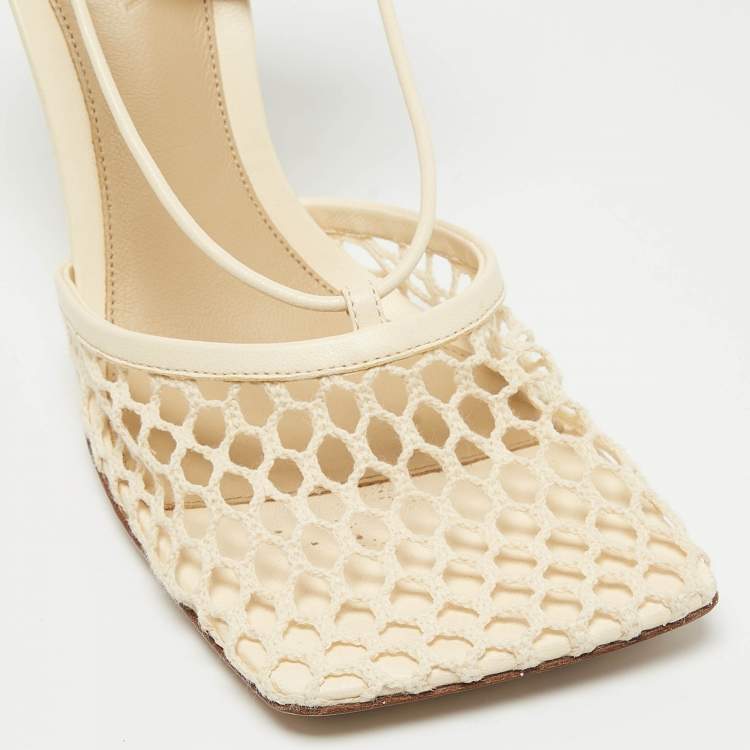 Pre Owned Bottega Veneta Cream Mesh and Leather Ankle Tie Pumps Size 37