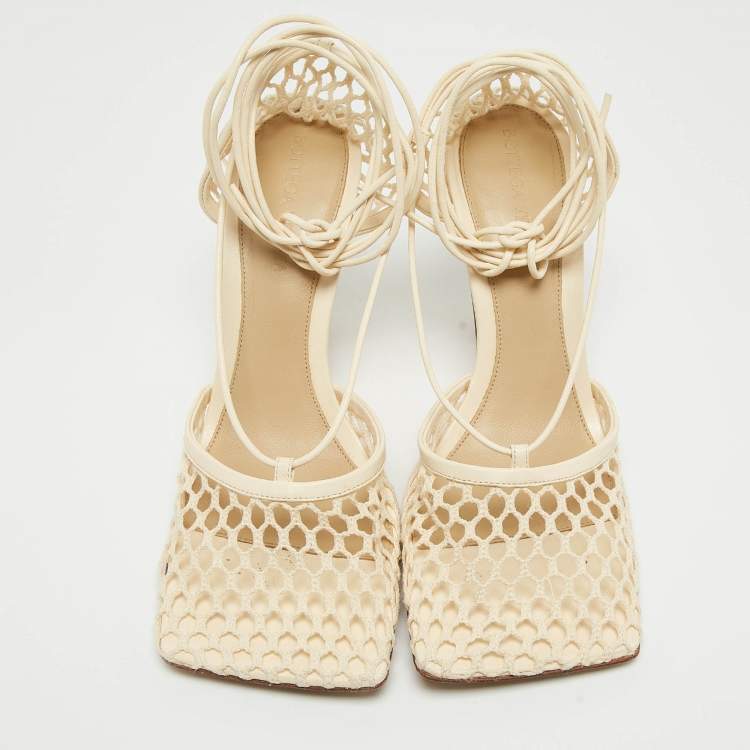 Pre Owned Bottega Veneta Cream Mesh and Leather Ankle Tie Pumps Size 37