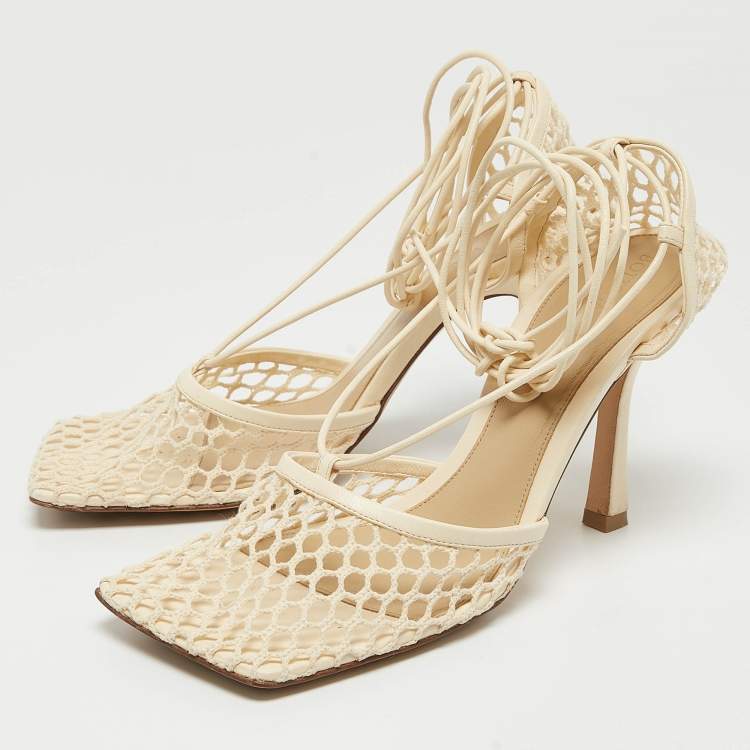 Pre Owned Bottega Veneta Cream Mesh and Leather Ankle Tie Pumps Size 37
