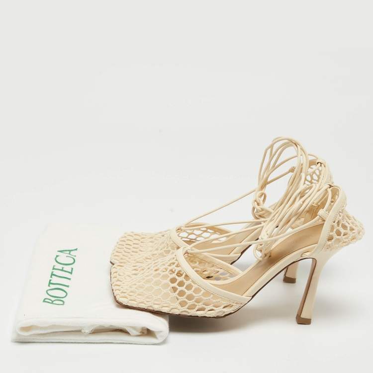 Pre Owned Bottega Veneta Cream Mesh and Leather Ankle Tie Pumps Size 37