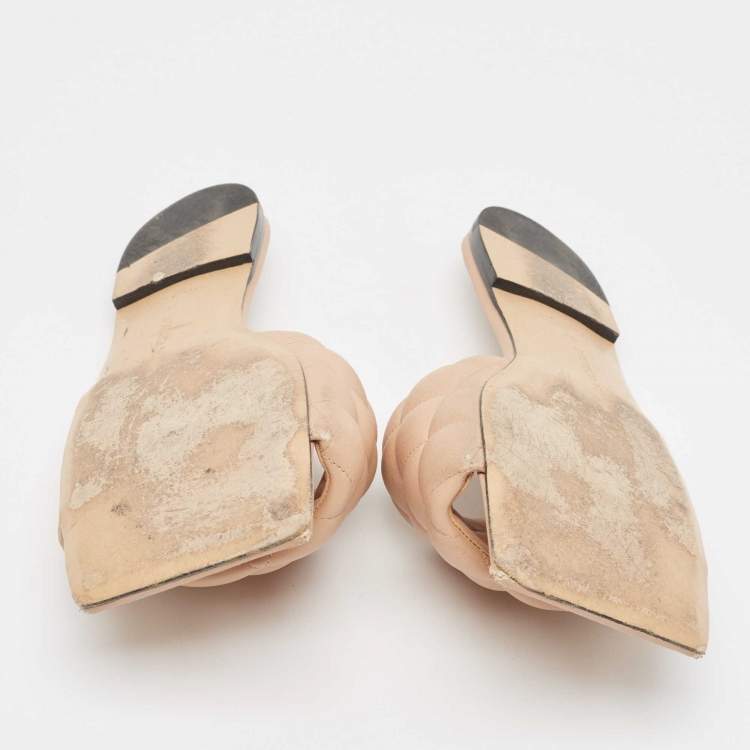 Pre Owned Bottega Veneta Beige Padded Leather Flat Slides Size 39