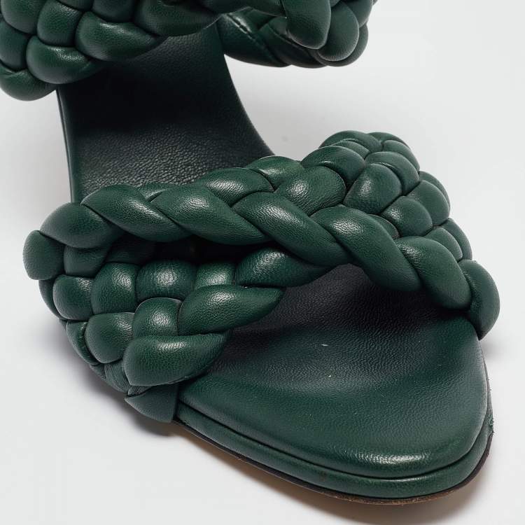 Pre Owned Bottega Veneta Green Leather Braided Accents Slides Size 40.5