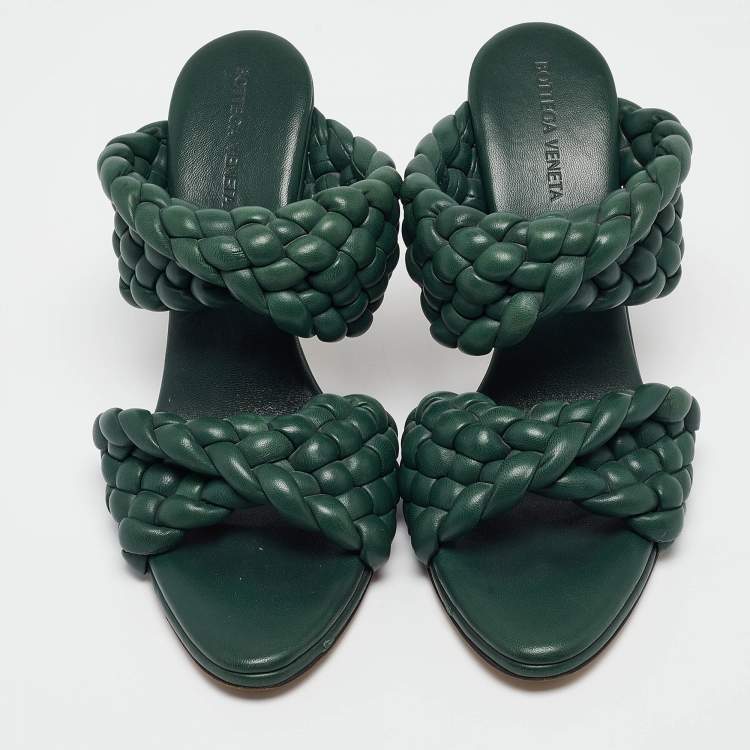 Pre Owned Bottega Veneta Green Leather Braided Accents Slides Size 40.5