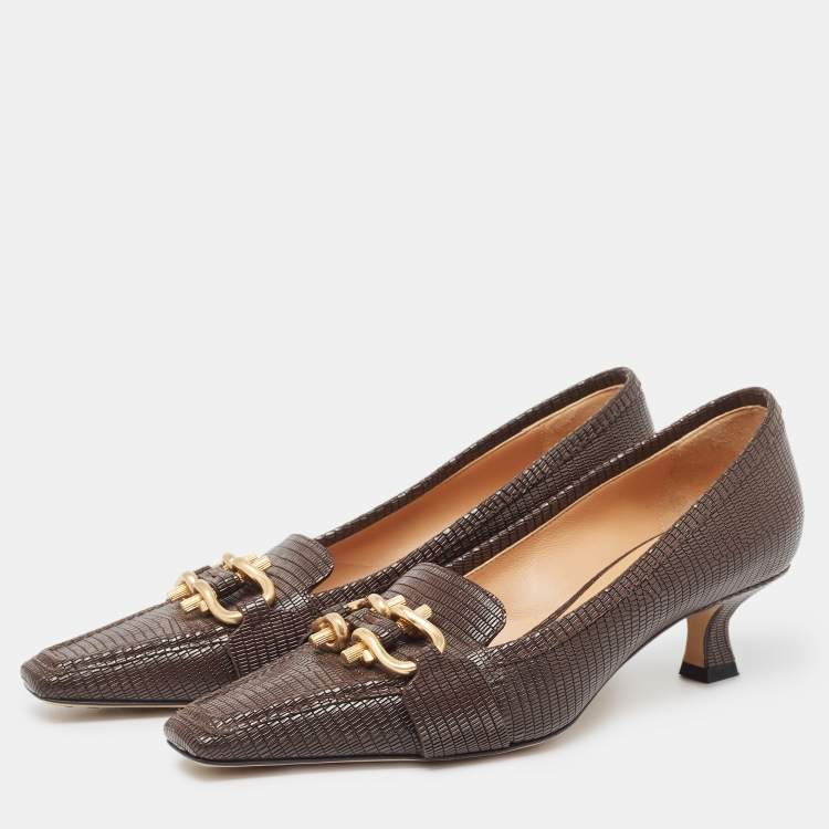 Pre Owned Bottega Veneta Brown Lizard Embossed Leather Madame Pumps Size 39