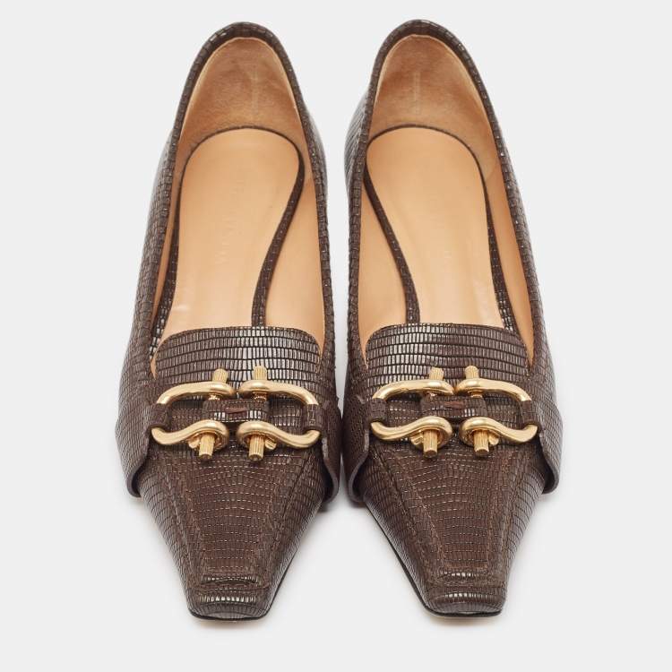 Pre Owned Bottega Veneta Brown Lizard Embossed Leather Madame Pumps Size 39