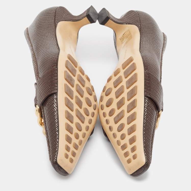 Pre Owned Bottega Veneta Brown Lizard Embossed Leather Madame Pumps Size 39