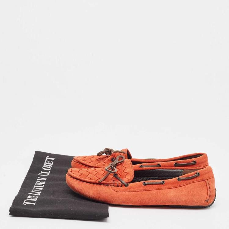 Pre Owned Bottega Veneta Orange Suede Bow Slip On Loafers Size 36